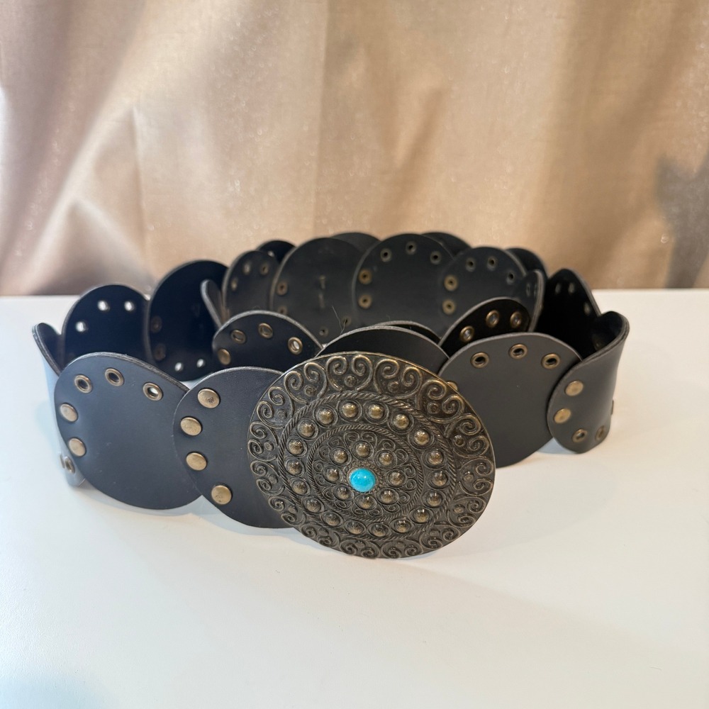 Vintage Style Black Leather Disc Belt Ornate Filigree Buckle Turquoise Accent